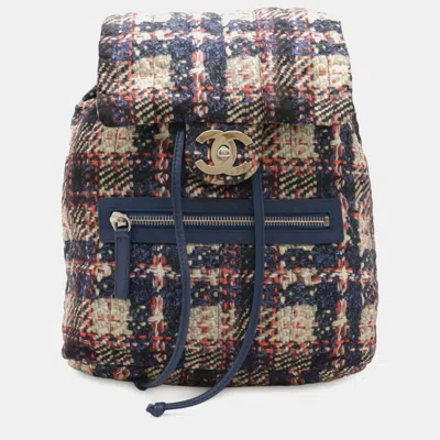 Pre-owned Chanel Tweed Print Coco Mark Chain Shoulder Backpack Nylon Blue Pink