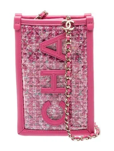 Pre-owned Chanel Tweed Pvc Clutch W/ Chain In Pink