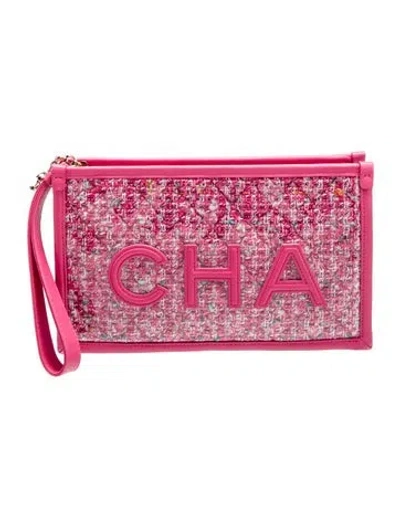 Pre-owned Chanel Tweed Pvc Pouch In Pink