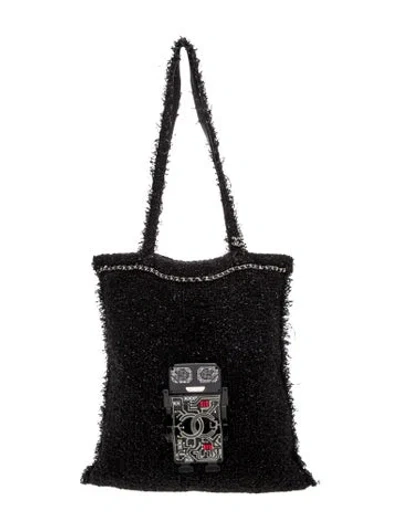 Pre-owned Chanel Tweed Robot Shopping Tote In Black