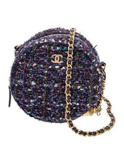 Pre-owned Chanel Tweed Round Clutch W/ Chain In Blue