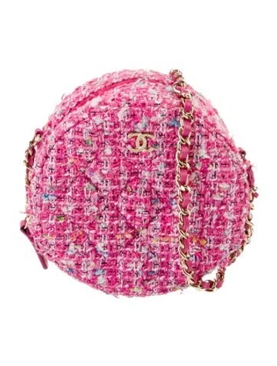Pre-owned Chanel Tweed Round Clutch W/ Chain In Pink