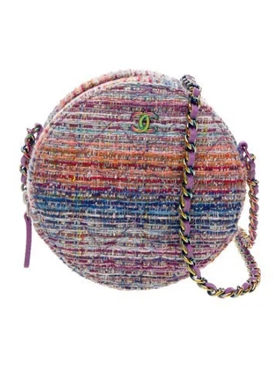 Pre-owned Chanel Tweed Round Clutch W/ Chain In Purple