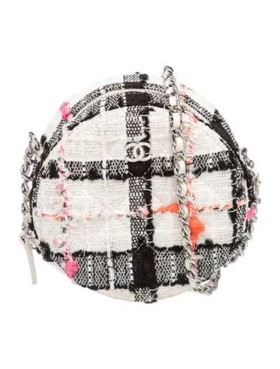 Pre-owned Chanel Tweed Round Clutch W/ Chain In White
