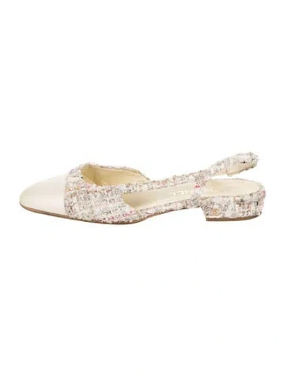 Pre-owned Chanel Tweed Slingback Interlocking Cc Logo Slingback Flats In Green/neutrals/pink