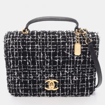 Pre-owned Chanel Tweed Top Handle Charm Mini Black White Tweed Lambskin Shoulder Flap Bag In Multicolor