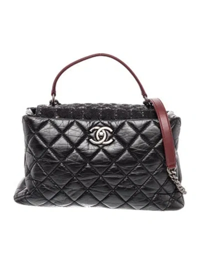 Pre-owned Chanel Tweed Top Handle Portobello Tote In Black