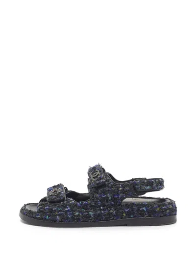 Pre-owned Chanel Tweed Touch-strap Sandals In Black
