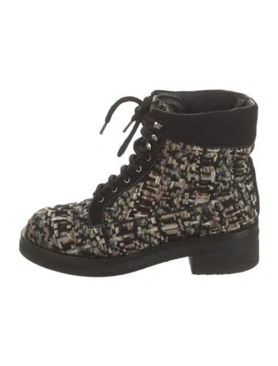 Pre-owned Chanel Tweed Tweed Pattern Combat Boots In Black