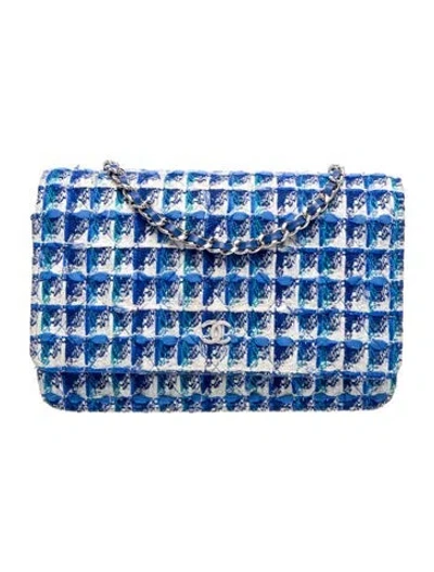 Pre-owned Chanel Tweed Wallet On Chain In Blue