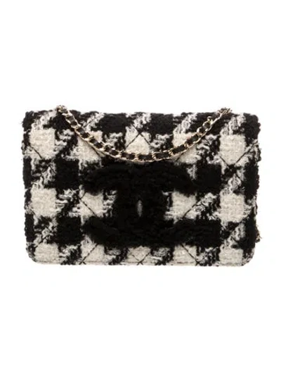 Pre-owned Chanel Tweed Wallet On Chain W/ Pouch In Black