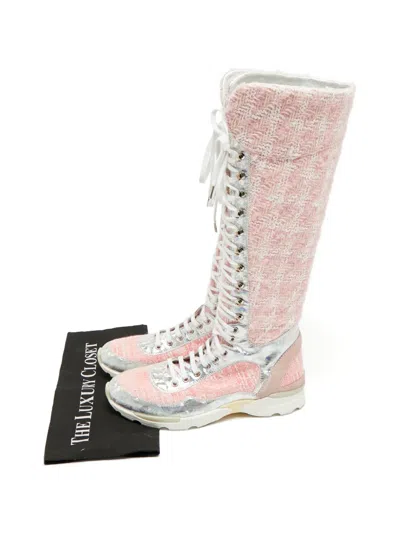 Pre-owned Chanel Tweed-construction Boots In Pink