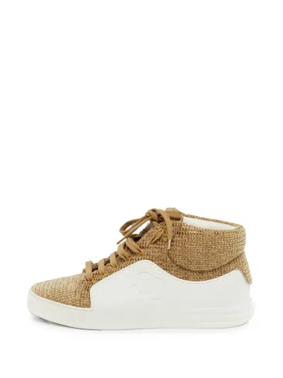Pre-owned Chanel Tweed-detail High-top Sneakers In Gold