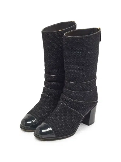 Pre-owned Chanel Tweed-texture Ankle Boots In Blue
