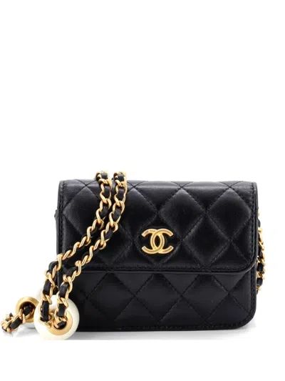 Pre-owned Chanel Twin Pearl Clutch With Adjustable Chain Quilted Lambskin Mini Crossbody Bag In Black