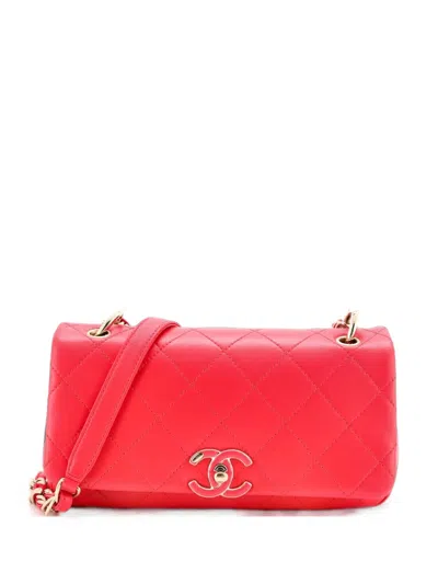 Pre-owned Chanel Twist Chain Enamel Cc Flap Bag Quilted Lambskin Large Shoulder Bag In Pink