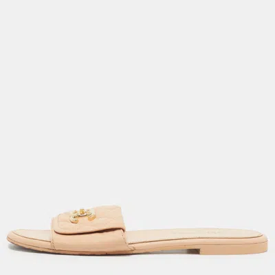 Pre-owned Chanel Twist Lock Cc Size 38 Yellow Cream Quilted Leather Flat Slide In White