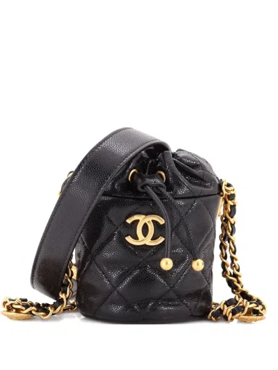 Pre-owned Chanel Twist Your Buttons Drawstring Quilted Caviar Mini Bucket Bag In Black