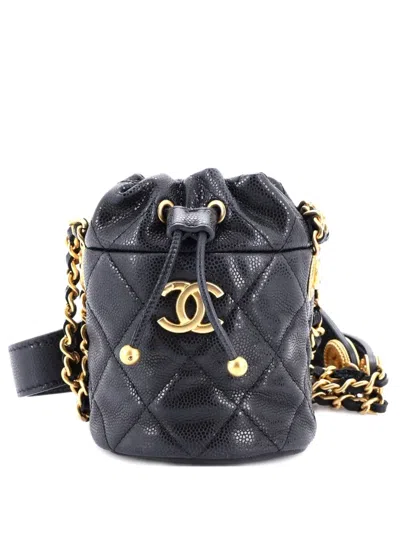 Pre-owned Chanel Twist Your Buttons Drawstring Quilted Caviar Mini Bucket Bag In Black