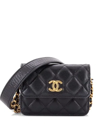 Pre-owned Chanel Twist Your Buttons Flap Coin Purse With Chain Quilted Shiny Caviar Crossbody Bag In Black