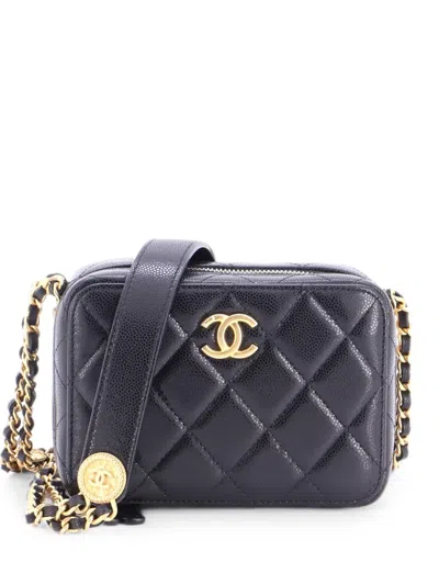Pre-owned Chanel Twist Your Buttons Zip Around Vanity Case With Chain Quilted Caviar Clutch Bag In Black