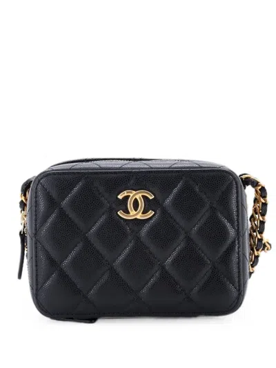 Pre-owned Chanel Twist Your Buttons Zip Around Vanity Case With Chain Quilted Caviar Clutch Bag In Black