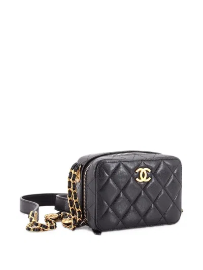 Pre-owned Chanel Twist Your Buttons Zip Around Vanity Case With Chain Quilted Caviar Clutch Bag In Black