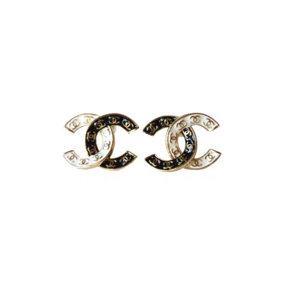 Pre-owned Chanel Two Tone Cc Enamel Stud Earrings Gold Black White