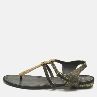 Pre-owned Chanel Two Tone Leopard Print Leather Cc Thong Flat Sandals Size 39 In Brown