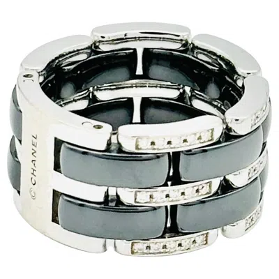 Pre-owned Chanel Ultra Black Ceramic Diamond White Gold Flex Ring Size 59