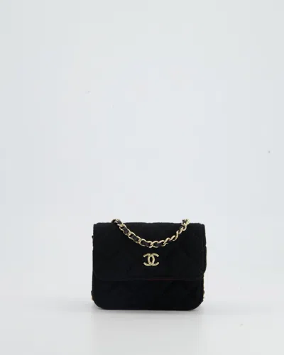Pre-owned Chanel Ultra Mini Jersey Fabric Cross-body Bag With Champagne Gold Hardware In Black