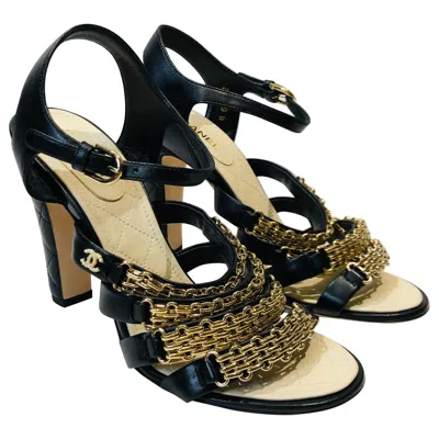 Pre-owned Chanel Unworn  Black Leather Gold Chain "cc" Faux Pearl Sandals Heels