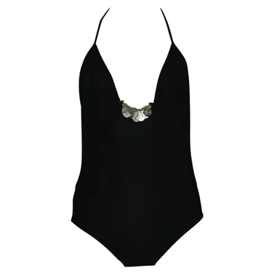 Pre-owned Chanel Unworn  Black Neckholder Swimsuit With Coco No 5 Logo Coin Details 36