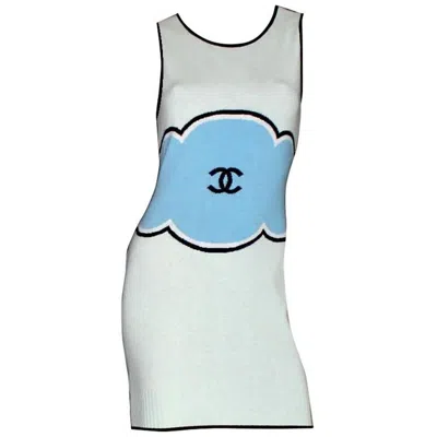 Pre-owned Chanel Unworn  Signature Cc Logo Enblem Knit Cashmere Mini Dress 38 In Blue