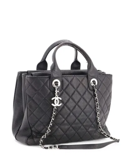 Pre-owned Chanel Urban Companion Top Handle Shopping Tote Quilted Caviar Medium Satchel In Black
