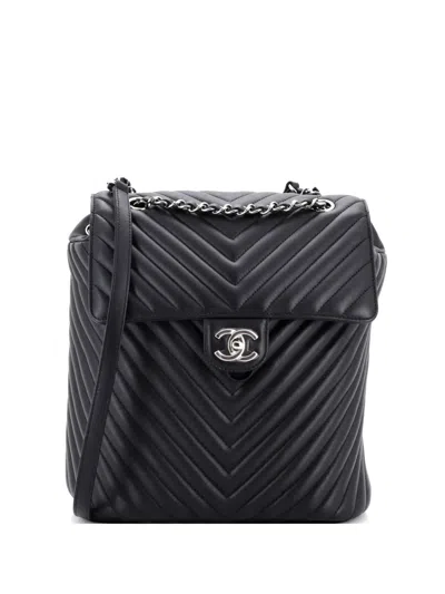 Pre-owned Chanel Urban Spirit Chevron Leather Large Backpack In Black