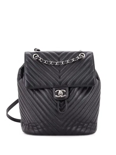 Pre-owned Chanel Urban Spirit Chevron Leather Large Backpack In Black