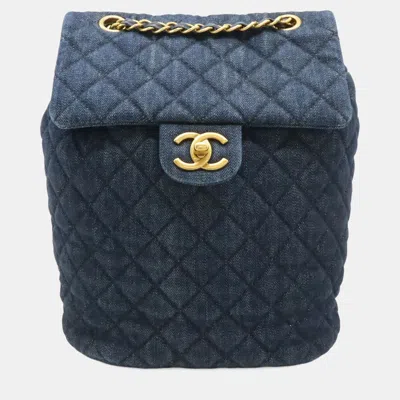 Pre-owned Chanel Urban Spirit Small Navy Quilted Denim Chain Backpack Bag In Blue