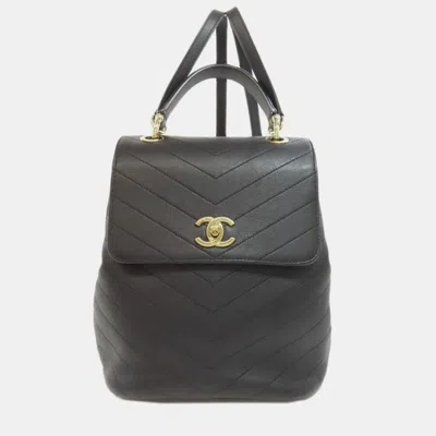 Pre-owned Chanel V-stitch Coco Mark Backpack/daypack Calfskin In Black