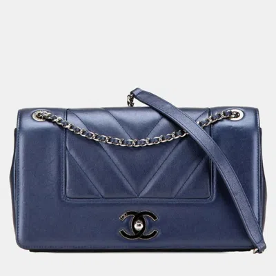Pre-owned Chanel V-stitch Coco Mark Double Flap Chain Shoulder Bag Blue Lambskin