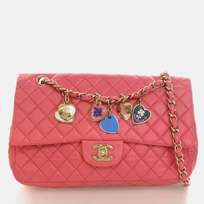 Pre-owned Chanel Valentine Charms Medium Pink Lambskin Leather Single Flap Bag