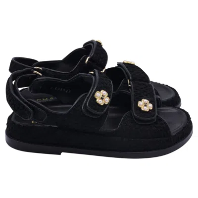 Pre-owned Chanel Velcro Dad Sandals In Black Tweed
