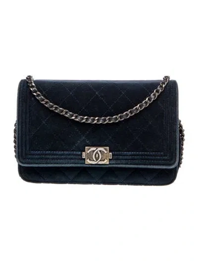 Pre-owned Chanel Velvet Boy Wallet On Chain In Blue
