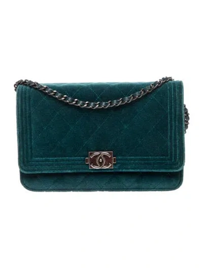 Pre-owned Chanel Velvet Boy Wallet On Chain In Blue