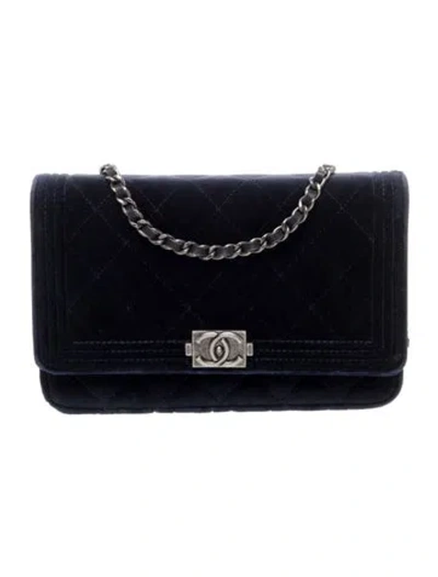 Pre-owned Chanel Velvet Boy Wallet On Chain In Blue