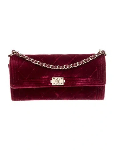 Pre-owned Chanel Velvet Boy Wallet On Chain In Burgundy