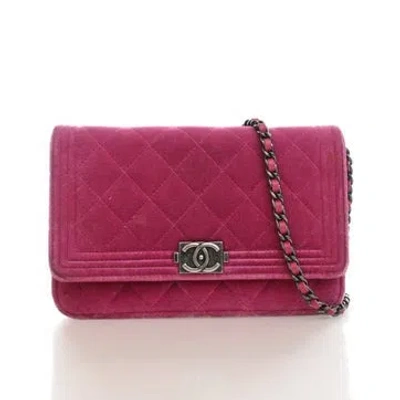 Pre-owned Chanel Velvet Boy Wallet On Chain In Pink