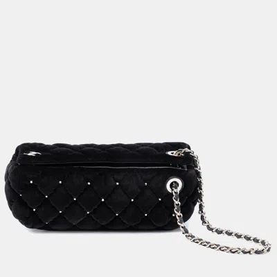 Pre-owned Chanel Velvet Diamante Quilted Black Fabric Evening Wristlet Clutch Bag