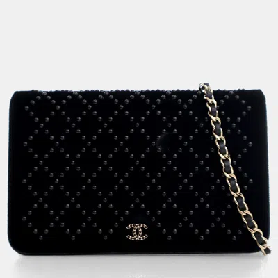 Pre-owned Chanel Velvet Embellished Wallet On Chain (woc) In Black