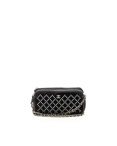 Pre-owned Chanel Velvet Pearl Double Zip Wallet On Chain Bag In Black